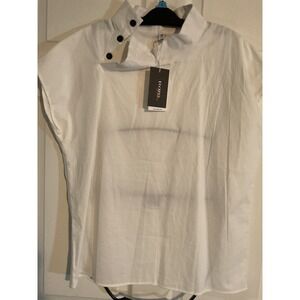 UOOZEE White Linen Cotton Blend Asymmetrical High Neck Button Top Blouse 2XL NEW